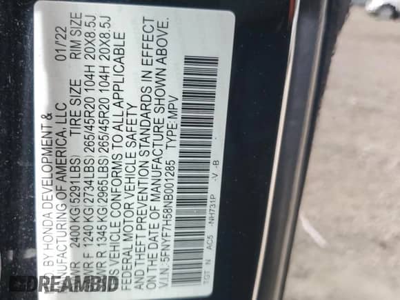 2022 Honda Passport EX-L with VIN 5FNYF7H58NB001285, listed as a Copart auction lot 70292965 with 151,598 mi miles and Salvage title. Bid and sale history available at DreamBid. Image 12.