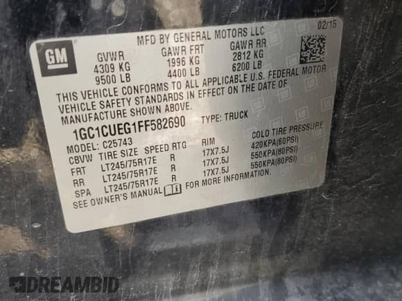 2015 Chevrolet Silverado 2500HD Work Truck with VIN 1GC1CUEG1FF582690, listed as a Copart auction lot 84281485 with 188,170 mi miles and Salvage title. Bid and sale history available at DreamBid. Image 12.