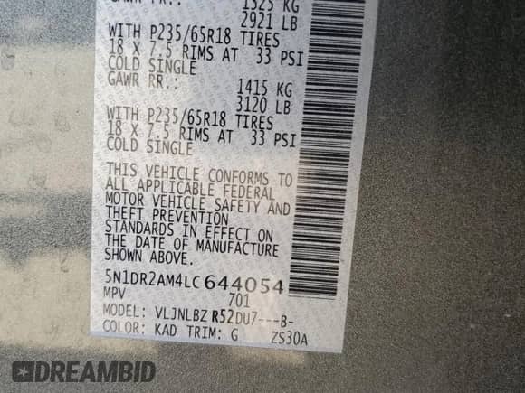 2020 Nissan Pathfinder S with VIN 5N1DR2AM4LC644054, listed as a Copart auction lot 66023975 with 38,371 mi miles and Salvage title. Bid and sale history available at DreamBid. Image 13.