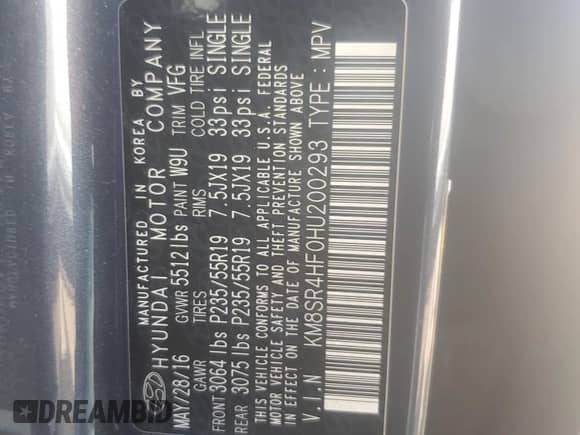 2017 Hyundai Santa Fe Limited Ultimate z VIN KM8SR4HF0HU200293, wystawiony jako Copart lot #81242905 z przebiegiem 177 056 mil mil oraz Czysty tytuł • Clean title. Historia ofert i sprzedaży dostępna na DreamBid. Obrazek 12.