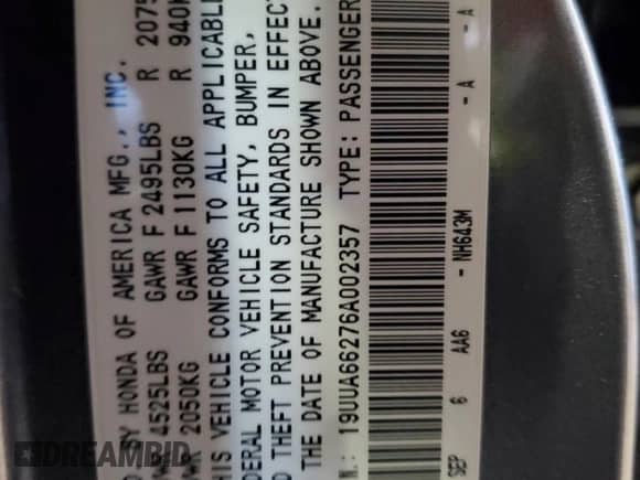 2006 Acura TL with VIN 19UUA66276A002357, listed as a Copart auction lot 87369775 with 249,006 mi miles and Salvage title. Bid and sale history available at DreamBid. Image 12.