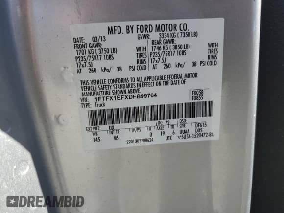 2013 Ford F-150 STX с VIN 1FTFX1EFXDFB99764, выставлен на аукционе Copart как лот 81760065 с пробегом Не указан миль и Списание • Salvage title. История ставок и продаж доступна на DreamBid. Изображение 12.