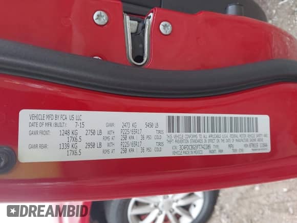 2015 Dodge Journey SXT with VIN 3C4PDCBG5FT742209, listed as a IAAI auction lot 43416579 with Not provided miles and . Bid and sale history available at DreamBid. Image 9.