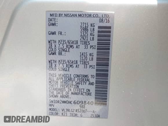 2017 Nissan Pathfinder SV with VIN 5N1DR2MM0HC609840, listed as a IAAI auction lot 42297249 with 143,273 mi miles and . Bid and sale history available at DreamBid. Image 9.