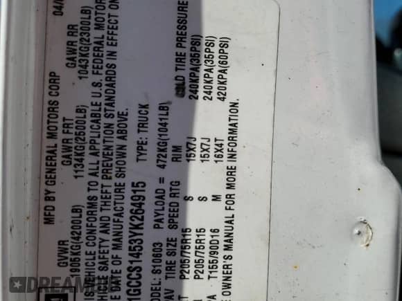 2000 Chevrolet S-10 LS z VIN 1GCCS1453YK264915, wystawiony jako Copart lot #46290675 z przebiegiem Nie podano mil oraz Szkoda całkowita • Salvage title. Historia ofert i sprzedaży dostępna na DreamBid. Obrazek 12.