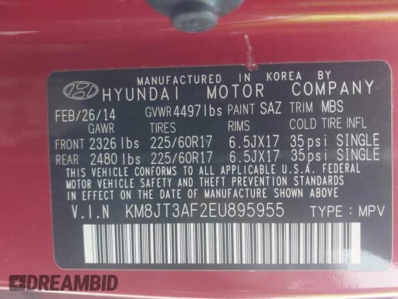 2014 Hyundai Tucson GLS with VIN KM8JT3AF2EU895955, listed as a IAAI auction lot 43284675 with 100,571 mi miles and . Bid and sale history available at DreamBid. Image 9.