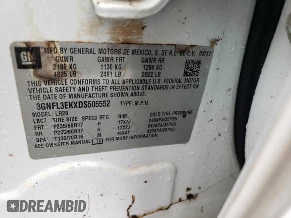 2013 Chevrolet Captiva Sport LT с VIN 3GNFL3EKXDS506552, выставлен на аукционе Copart как лот 76339644 с пробегом 139 748 миль миль и Чистый • Clean title. История ставок и продаж доступна на DreamBid. Изображение 13.