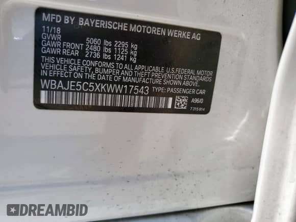 2019 BMW 5 Series 540i с VIN WBAJE5C5XKWW17543, выставлен на аукционе Copart как лот 67414815 с пробегом 101 576 миль миль и Списание • Salvage title. История ставок и продаж доступна на DreamBid. Изображение 12.