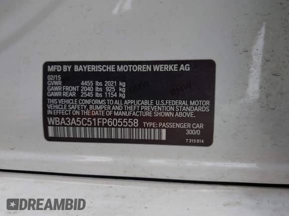 2015 BMW 3 Series 328i с VIN WBA3A5C51FP605558, выставлен на аукционе IAAI как лот 43335331 с пробегом 112 895 миль миль и . История ставок и продаж доступна на DreamBid. Изображение 9.