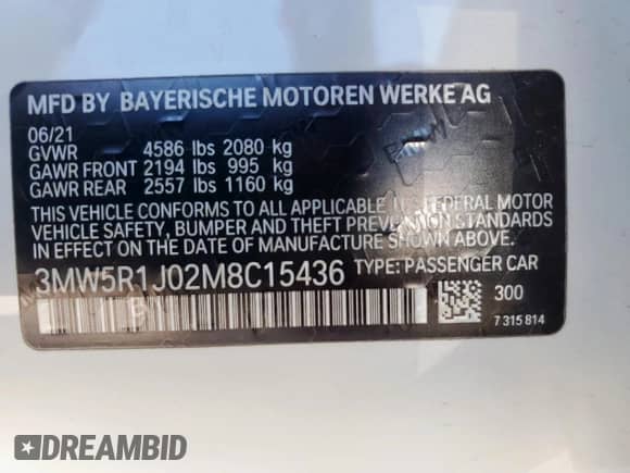 2021 BMW 3 Series 330i с VIN 3MW5R1J02M8C15436, выставлен на аукционе Copart как лот 69011845 с пробегом 38 714 миль миль и Чистый • Clean title. История ставок и продаж доступна на DreamBid. Изображение 12.