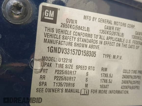 2007 Chevrolet Uplander 3LT with VIN 1GNDV33157D158305, listed as a IAAI auction lot 41497886 with 148,753 mi miles and . Bid and sale history available at DreamBid. Image 9.