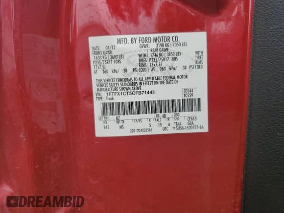 2012 Ford F-150 XL z VIN 1FTFX1CT5CFB71443, wystawiony jako Copart lot #58221045 z przebiegiem 100 985 mil mil oraz Czysty tytuł • Clean title. Historia ofert i sprzedaży dostępna na DreamBid. Obrazek 12.