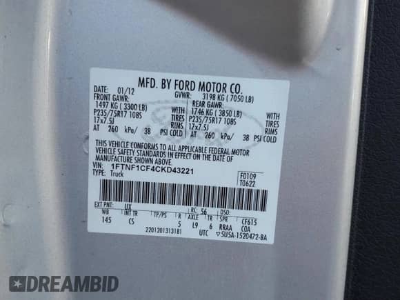 2012 Ford F-150 XL with VIN 1FTNF1CF4CKD43221, listed as a Copart auction lot 82255455 with 49,754 mi miles and Clean title. Bid and sale history available at DreamBid. Image 12.