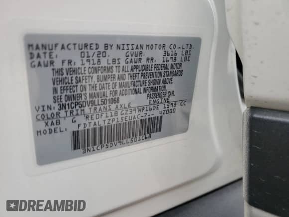 2020 Nissan Kicks SR with VIN 3N1CP5DV9LL501068, listed as a Copart auction lot 67247515 with 54,856 mi miles and Salvage title. Bid and sale history available at DreamBid. Image 13.