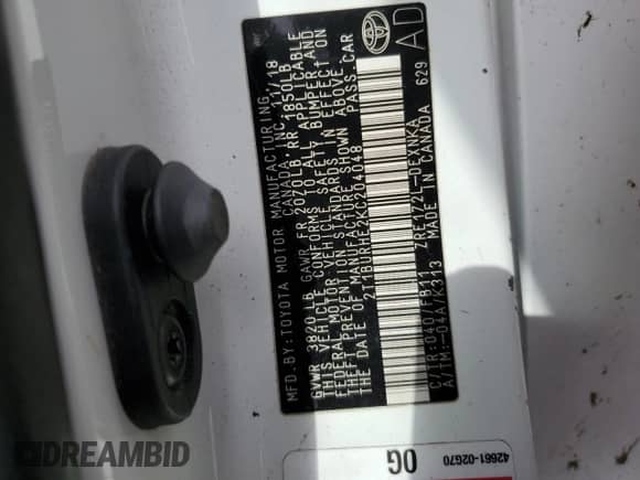 2019 Toyota Corolla LE с VIN 2T1BURHE2KC204048, выставлен на аукционе Copart как лот 82427555 с пробегом 192 582 миль миль и Чистый • Clean title. История ставок и продаж доступна на DreamBid. Изображение 12.