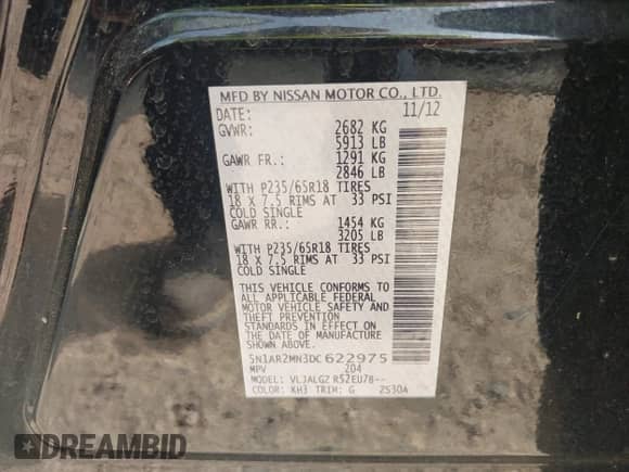 2013 Nissan Pathfinder S с VIN 5N1AR2MN3DC622975, выставлен на аукционе IAAI как лот 42396545 с пробегом 211 017 миль миль и . История ставок и продаж доступна на DreamBid. Изображение 9.