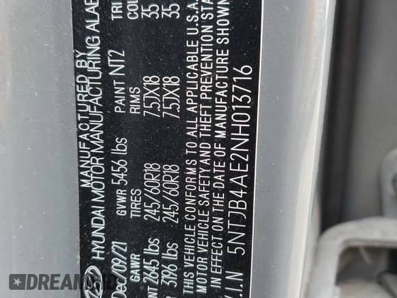 2022 Hyundai Santa Cruz SEL with VIN 5NTJB4AE2NH013716, listed as a Copart auction lot 81901025 with Not provided miles and Salvage title. Bid and sale history available at DreamBid. Image 13.