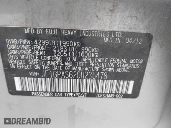 2012 Subaru Impreza Special Sports Limited z VIN JF1GPAS62CH235478, wystawiony jako IAAI lot #40626953 z przebiegiem 202 345 mil mil oraz . Historia ofert i sprzedaży dostępna na DreamBid. Obrazek 9.