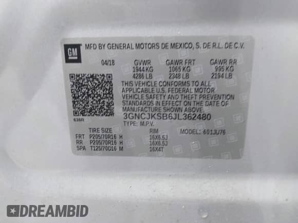 2018 Chevrolet Trax LS с VIN 3GNCJKSB6JL362480, выставлен на аукционе IAAI как лот 43306000 с пробегом 87 319 миль миль и . История ставок и продаж доступна на DreamBid. Изображение 9.