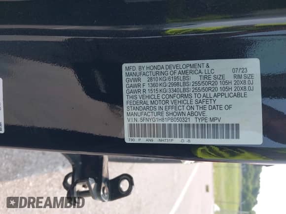 2023 Honda Pilot Elite with VIN 5FNYG1H81PB050321, listed as a IAAI auction lot 42346325 with 13,201 mi miles and . Bid and sale history available at DreamBid. Image 9.