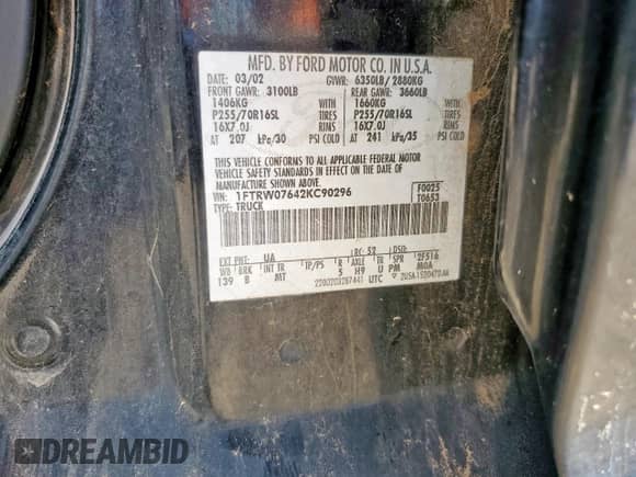 2002 Ford F-150 XLT с VIN 1FTRW07642KC90296, выставлен на аукционе Copart как лот 70596375 с пробегом 194 813 миль миль и Списание • Salvage title. История ставок и продаж доступна на DreamBid. Изображение 12.