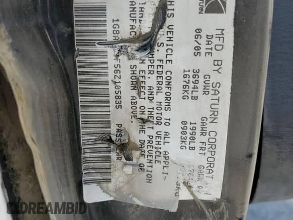 2006 Saturn ION with VIN 1G8AN15F56Z105835, listed as a Copart auction lot 81969875 with 241,716 mi miles and Salvage title. Bid and sale history available at DreamBid. Image 12.