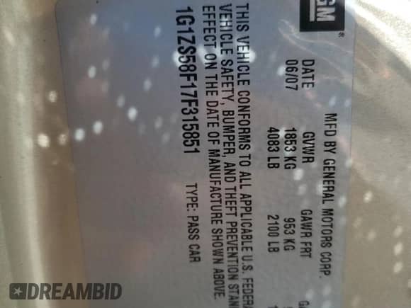 2007 Chevrolet Malibu 1LS с VIN 1G1ZS58F17F315851, выставлен на аукционе Copart как лот 67970315 с пробегом 83 315 миль миль и Списание • Salvage title. История ставок и продаж доступна на DreamBid. Изображение 13.