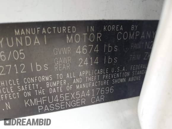 2005 Hyundai XG with VIN KMHFU45EX5A417696, listed as a IAAI auction lot 42692363 with 140,768 mi miles and . Bid and sale history available at DreamBid. Image 9.