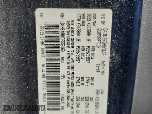 2005 Dodge Durango SLT z VIN 1D4HB48NX5F559163, wystawiony jako Copart lot #67313775 z przebiegiem Nie podano mil oraz Szkoda całkowita • Salvage title. Historia ofert i sprzedaży dostępna na DreamBid. Obrazek 13.