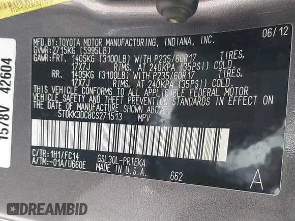 2012 Toyota Sienna LE AAS z VIN 5TDKK3DC8CS271513, wystawiony jako IAAI lot #43429254 z przebiegiem 259 457 mil mil oraz . Historia ofert i sprzedaży dostępna na DreamBid. Obrazek 9.