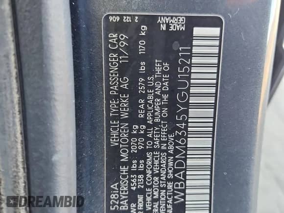 2000 BMW 5 Series 528i с VIN WBADM6345YGU15211, выставлен на аукционе Copart как лот 85207655 с пробегом Не указан миль и Списание • Salvage title. История ставок и продаж доступна на DreamBid. Изображение 12.