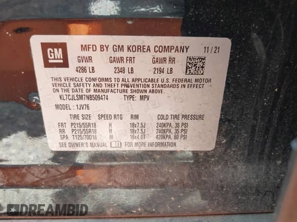 2022 Chevrolet Trax LT с VIN KL7CJLSM7NB509474, выставлен на аукционе IAAI как лот 42810996 с пробегом 76 260 миль миль и . История ставок и продаж доступна на DreamBid. Изображение 9.