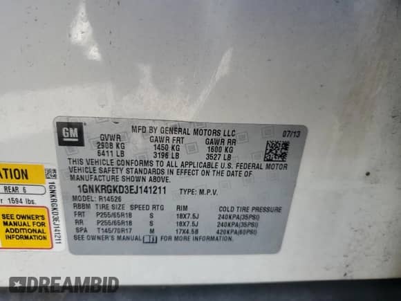 2014 Chevrolet Traverse LT с VIN 1GNKRGKD3EJ141211, выставлен на аукционе Copart как лот 67140555 с пробегом 130 668 миль миль и Списание • Salvage title. История ставок и продаж доступна на DreamBid. Изображение 14.