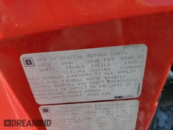 1991 Chevrolet Corvette with VIN 1G1YY238XM5116767, listed as a Copart auction lot 89826795 with 54,282 mi miles and Salvage title. Bid and sale history available at DreamBid. Image 12.