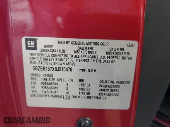 2008 Saturn Outlook XE with VIN 5GZER137X8J215478, listed as a Copart auction lot 69053454 with 175,176 mi miles and Salvage title. Bid and sale history available at DreamBid. Image 15.
