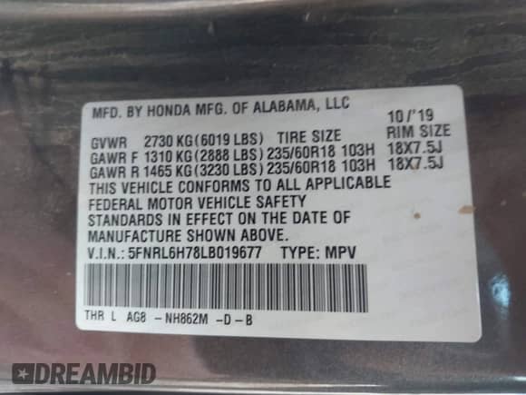2020 Honda Odyssey EX-L with VIN 5FNRL6H78LB019677, listed as a IAAI auction lot 41966713 with 77,453 mi miles and . Bid and sale history available at DreamBid. Image 9.