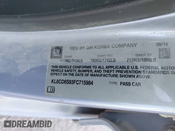 2015 Chevrolet Spark LT z VIN KL8CD6S93FC715984, wystawiony jako IAAI lot #43454315 z przebiegiem 111 126 mil mil oraz . Historia ofert i sprzedaży dostępna na DreamBid. Obrazek 9.