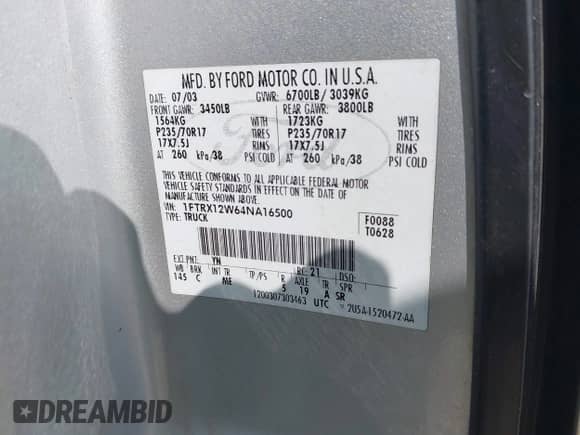 2004 Ford F-150 STX with VIN 1FTRX12W64NA16500, listed as a IAAI auction lot 43423552 with 283,577 mi miles and . Bid and sale history available at DreamBid. Image 9.