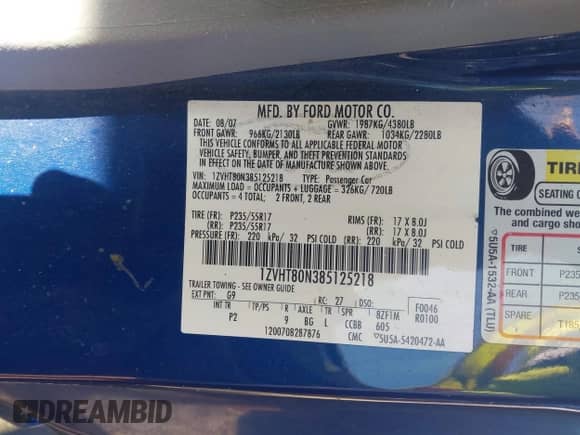 2008 Ford Mustang Deluxe with VIN 1ZVHT80N385125218, listed as a IAAI auction lot 43108194 with 220,698 mi miles and . Bid and sale history available at DreamBid. Image 9.