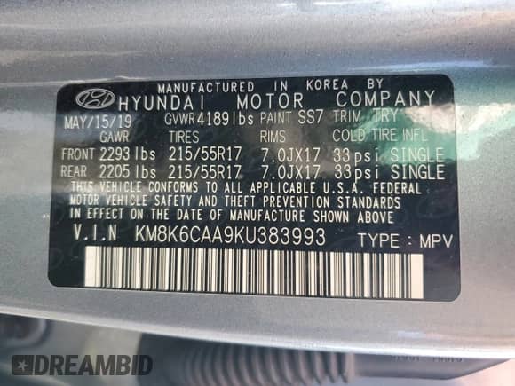 2019 Hyundai Kona SEL с VIN KM8K6CAA9KU383993, выставлен на аукционе Copart как лот 71302115 с пробегом 67 139 миль миль и Списание • Salvage title. История ставок и продаж доступна на DreamBid. Изображение 12.