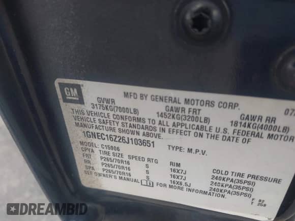 2006 Chevrolet Suburban LS 1WT с VIN 1GNEC16Z26J103651, выставлен на аукционе IAAI как лот 41959305 с пробегом Не указан миль и . История ставок и продаж доступна на DreamBid. Изображение 9.