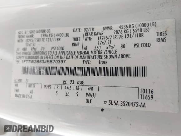 2018 Ford F-250 XL с VIN 1FT7W2B63JEB70397, выставлен на аукционе IAAI как лот 41637099 с пробегом 163 126 миль миль и . История ставок и продаж доступна на DreamBid. Изображение 9.