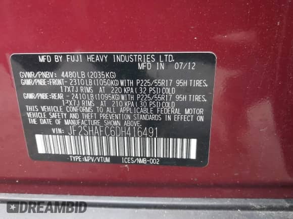 2013 Subaru Forester X Limited with VIN JF2SHAFC6DH416491, listed as a IAAI auction lot 42891132 with 108,776 mi miles and . Bid and sale history available at DreamBid. Image 9.