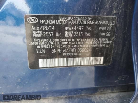 2015 Hyundai Sonata Limited with VIN 5NPE34AF8FH066024, listed as a Copart auction lot 71424495 with 125,252 mi miles and Salvage title. Bid and sale history available at DreamBid. Image 12.