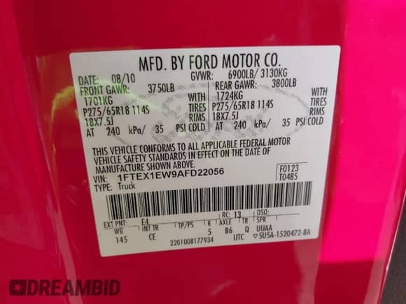 2010 Ford F-150 XL z VIN 1FTEX1EW9AFD22056, wystawiony jako IAAI lot #42209060 z przebiegiem 142 258 mil mil oraz . Historia ofert i sprzedaży dostępna na DreamBid. Obrazek 9.