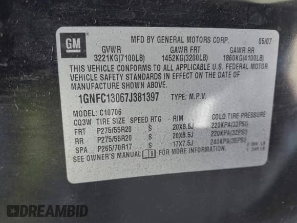 2007 Chevrolet Tahoe LT z VIN 1GNFC13067J381397, wystawiony jako IAAI lot #43352347 z przebiegiem 141 341 mil mil oraz . Historia ofert i sprzedaży dostępna na DreamBid. Obrazek 9.