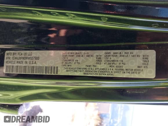 2021 Jeep Wrangler Unlimited Rubicon z VIN 1C4HJXFN0MW657900, wystawiony jako IAAI lot #42665653 z przebiegiem Nie podano mil oraz . Historia ofert i sprzedaży dostępna na DreamBid. Obrazek 9.