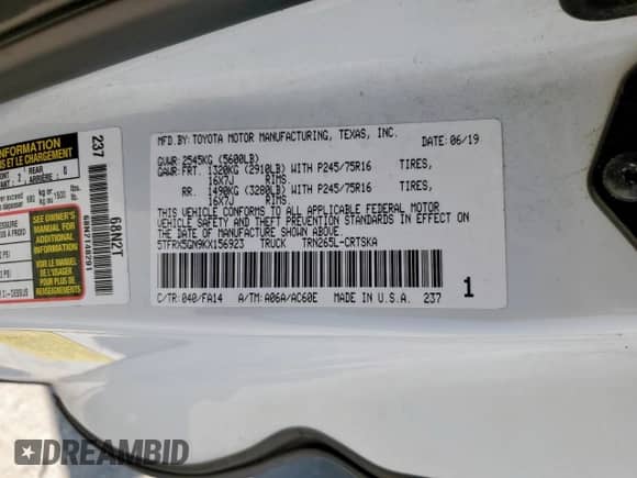 2019 Toyota Tacoma SR z VIN 5TFRX5GN9KX156923, wystawiony jako Copart lot #80000885 z przebiegiem 101 823 mil mil oraz Szkoda całkowita • Salvage title. Historia ofert i sprzedaży dostępna na DreamBid. Obrazek 12.