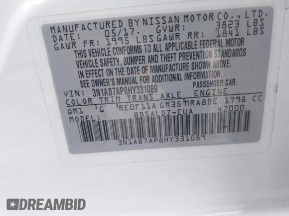 2017 Nissan Sentra SR с VIN 3N1AB7AP8HY331089, выставлен на аукционе IAAI как лот 42841033 с пробегом 107 817 миль миль и . История ставок и продаж доступна на DreamBid. Изображение 9.