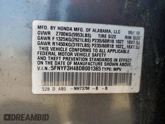 2013 Honda Pilot EX with VIN 5FNYF3H48DB001365, listed as a Copart auction lot 67711905 with 119,801 mi miles and Salvage title. Bid and sale history available at DreamBid. Image 14.